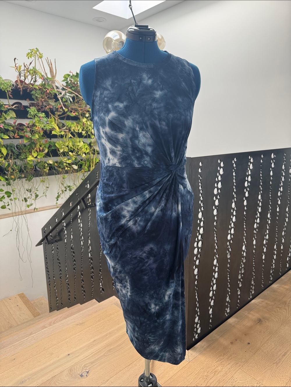 nine britton Navy Tie-Dye Sleeveless Midi Dress with Side Knot